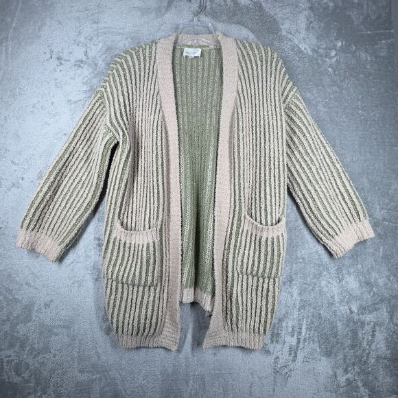 Line and Dot Sweater Womens Medium Taupe Olive‎ Stripe Open Kimberly Cardigan - Picture 2 of 10